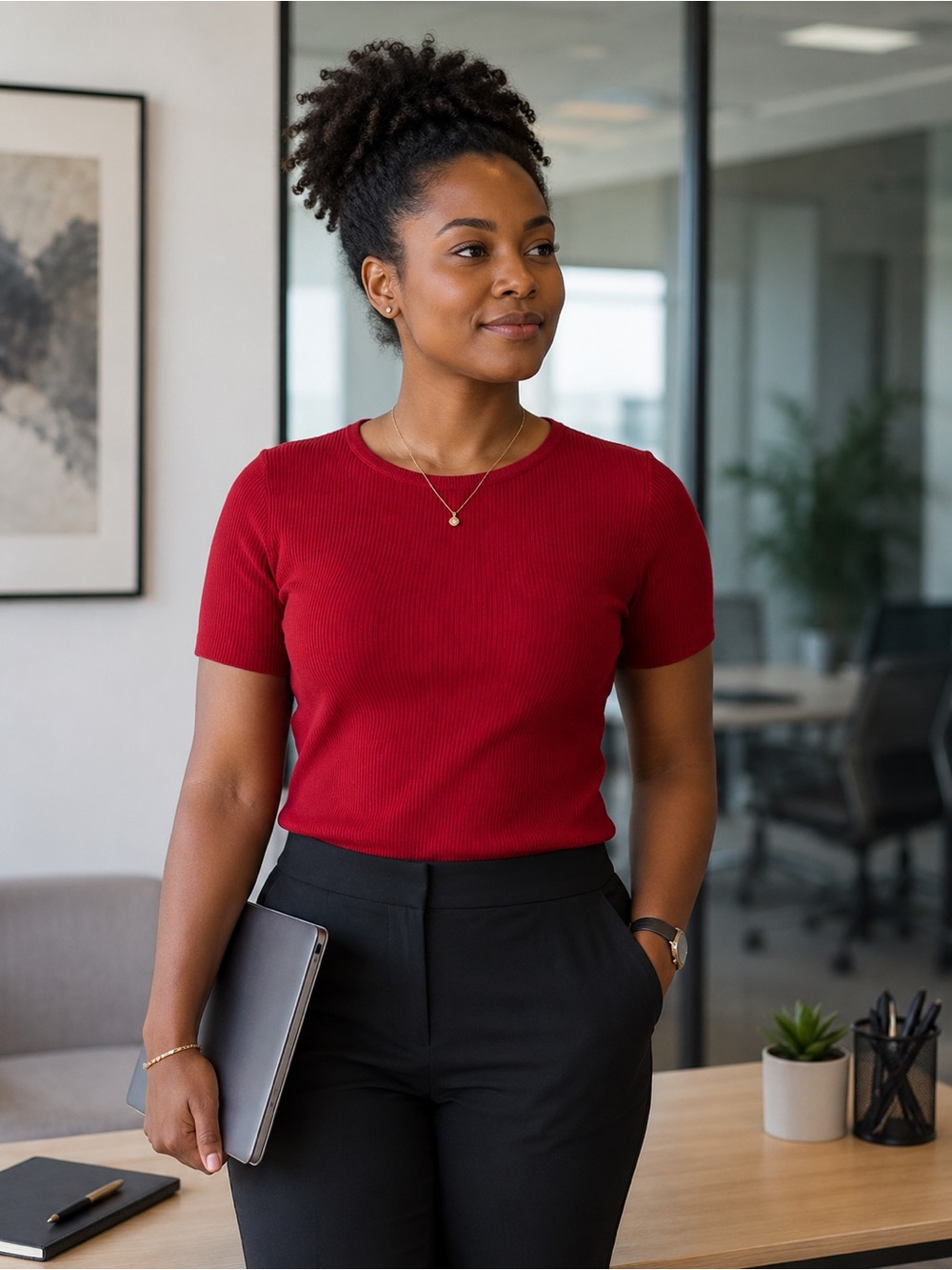 Petite Sophisticate Red Ribbed Short Sleeve Tee